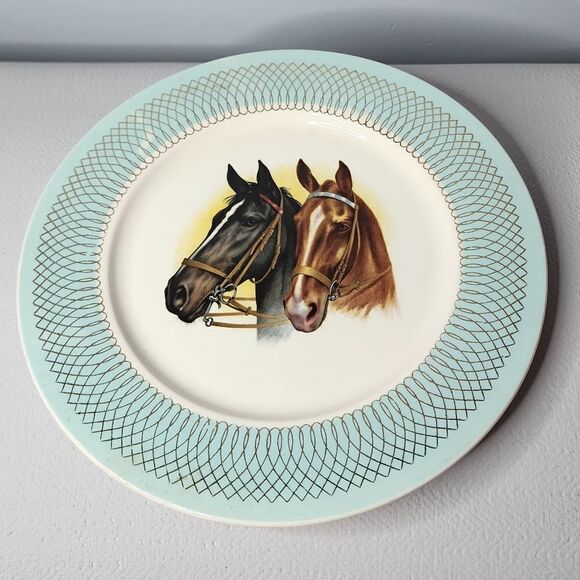 Pair of Horse Heads Decorative Plate Turquoise Rim Taylor Smith & Taylor - Picture 1 of 5